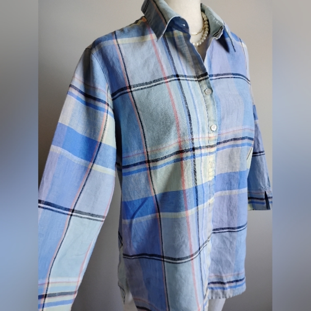 Liz Claiborne Linen Blue Plaid Button Up Shirt 3/4 Sleeves Coastal Size Medium - Picture 5 of 14